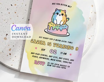 Rainbow Cat Invite: Kitty Birthday Party Printable Invitation (Digital Download)