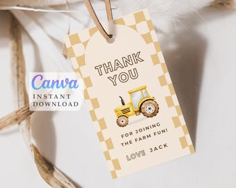 Yellow Tractor Party Printable favor tags, Digital template (Instant Download)