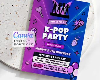 K Pop Party Concert Invite, Girl Birthday, Editable Canva Invitation 5x7in