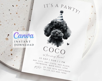 Schwarzer Pudel Pawty Geburtstagseinladung, Canva Vorlage (Digitaler Download)