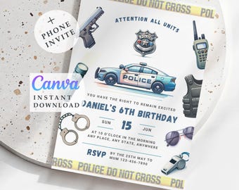 Personalisierte Polizei Einladung zum 6. Geburtstag: Cop-Thema (Canva Download)