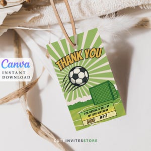 Editable Soccer Party Favor Tags: Birthday Party Supplies (Instant Download, Canva Template)