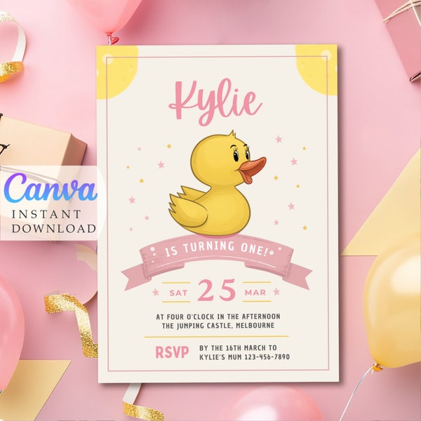 Rubber Ducky Girl invite Canva template 1st Birthday invitation | Instant Download | Rubber Ducky party | Cute Invites Store