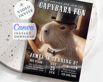 Capybara Einladung Party Boy Geburtstag - lustiges Tier, Canva (Video + Printable)