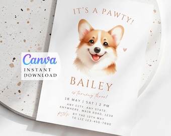 Corgis-Geburtstags-Party Einladung: Haustier Welpe einladen (Digital Template)