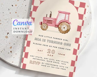 Pink Tractor Party, Girl Farm Birthday Invite: Editable Invitation (Instant Download)