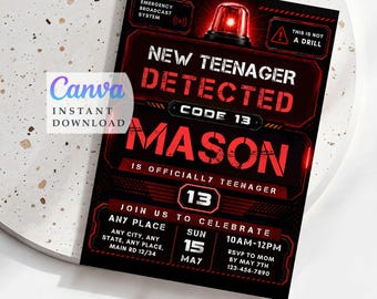 Official Teenager 13th Birthday Invite – Emergency alert Teen Editable Canva Template, Instant Download