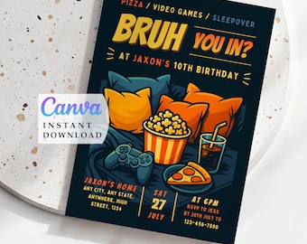 Uitnodiging slaapfeestje jongen: bewerkbare uitnodiging videogamefeestje (canvasjabloon van 5 x 7 inch)