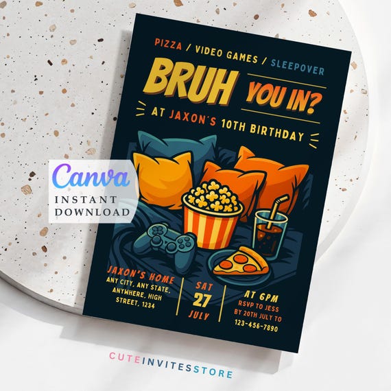 Boy Sleepover Invite: Video Game Party Editable Invitation (5x7 inch Canva Template)