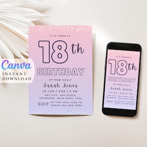 18Th Girl Birthday Invite Printable Invitation Template Glitter Invitation Eighteen Birthday Instant Download 18Th Party Invite