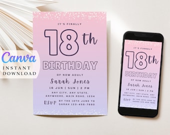 Glitter 18th Birthday Invitation Template (Printable, Instant Download)