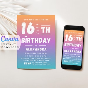 Sweet Sixteen Birthday Invitation: Minimalist Teen Party, Editable Template (Digital Download)