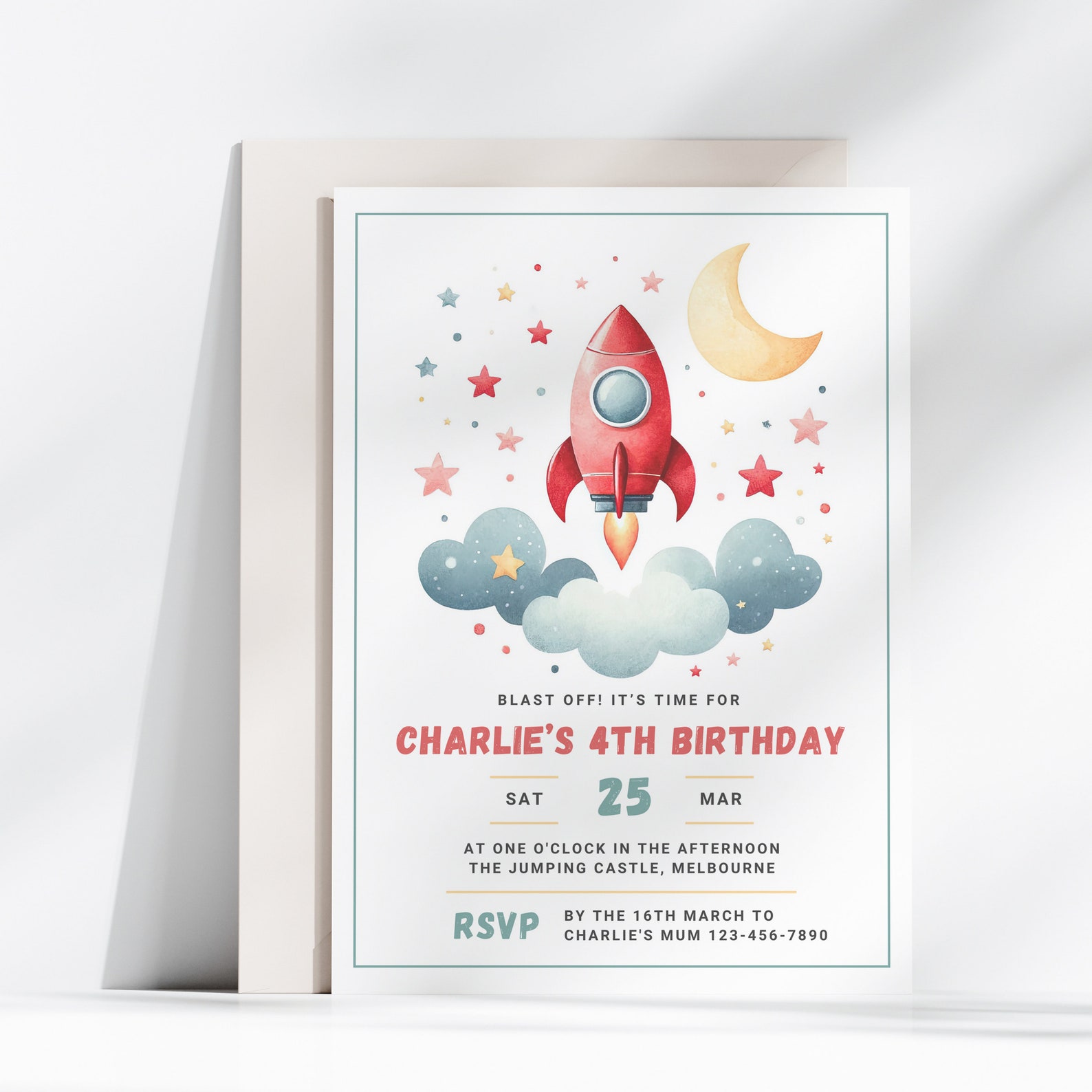 4th Birthday Space Rocketship Birthday Boys Party Invite 3 2 1 Blast ...