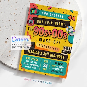 90s 00s Party Invitation: Retro Theme, Editable Canva Template (Instant Download)