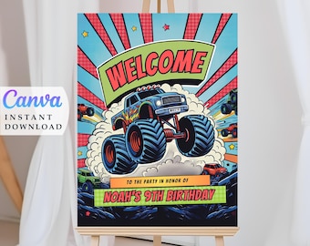 May include: A welcome sign for a monster truck themed birthday party. The sign features a blue monster truck with large tires, a red, white, and blue color scheme, and the text "WELCOME" and "Noah's 9th Birthday".