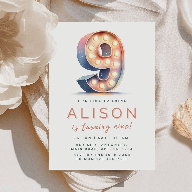 Time to Shine Invite Girls 9th Party Printable Invitation 9yearold