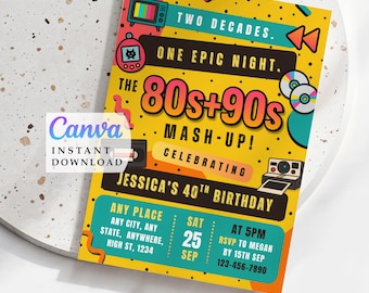 Invitación para fiesta de los 80 y 90: Cumpleaños retro, plantilla editable (descarga instantánea)