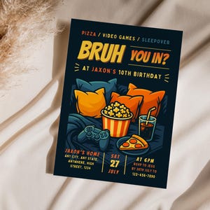 Uitnodiging slaapfeestje jongen: bewerkbare uitnodiging videogamefeestje (canvasjabloon van 5 x 7 inch) afbeelding 11
