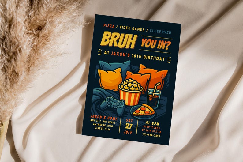 Uitnodiging slaapfeestje jongen: bewerkbare uitnodiging videogamefeestje (canvasjabloon van 5 x 7 inch) afbeelding 11