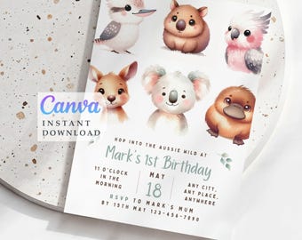 May include: A white invitation card featuring watercolor illustrations of Australian animals, including a kookaburra, wombat, cockatoo, kangaroo, koala, and platypus. The card reads "Mark's 1st Birthday" with event details and "Canva Instant Download" text.