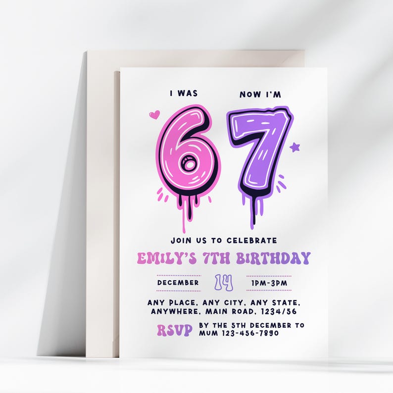 6 7 invitation Girl Birthday Invite Editable Template (Digital Download)