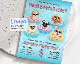 Dogs in pool Girls birthday invitation, Summer pool party, Printable template, Digital download