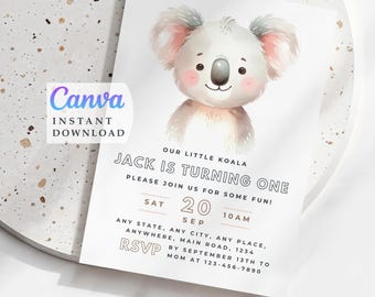 Invitación de Koala para Fiesta de Primer Cumpleaños: Plantilla editable (Descarga instantánea)
