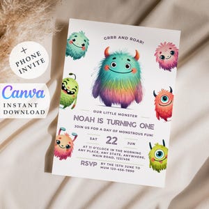 Invitación imprimible de Pequeño Monstruo Invitación para el primer cumpleaños de Nuestro Pequeño Monstruo Invitación editable Descarga instantánea Fiesta de cumpleaños