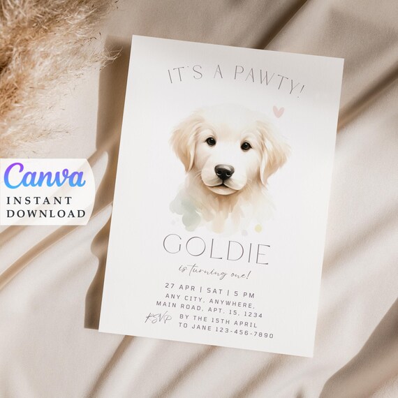 Golden Retriever Puppy Birthday Invitation: DIY Canva Template