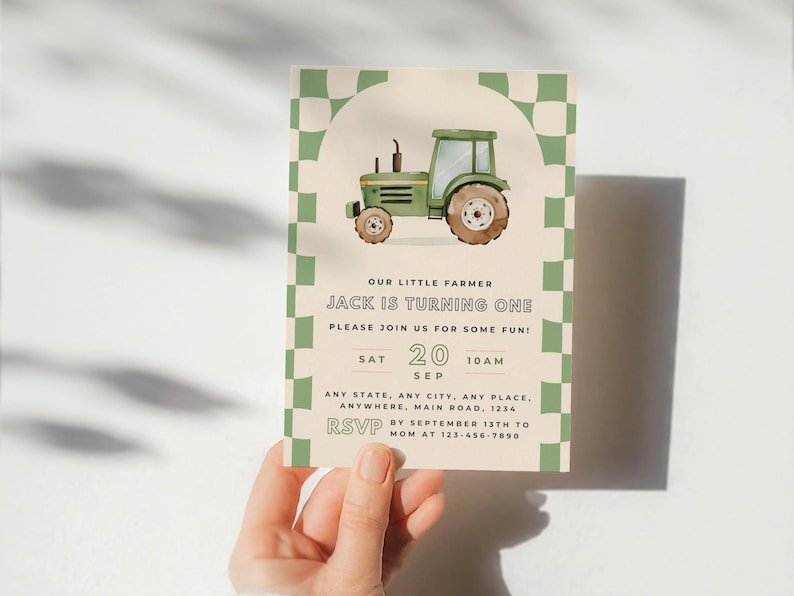 Green Tractor Birthday Invitation – Farm Party Printable, Boy 1st Birthday Invite, Editable Template