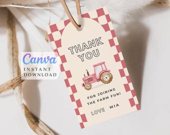 Pink Tractor Party Printable favor tags, Canva template (Instant Download)