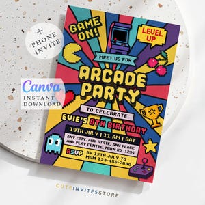 Retro Arcade Birthday Party Invitation: Neon Gaming, Girl's Invite (Digital Download)
