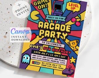 Retro Arcade Geburtstagsparty Einladung: Neon Gaming, Mädchen einladen (Digitaler Download)