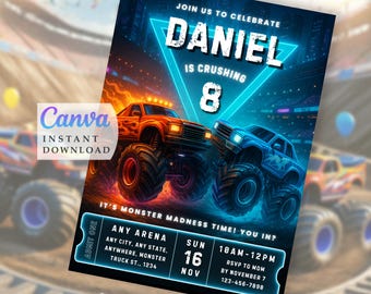 Neon Monstertruck Geburtstagseinladung - Party Vorlage zum Ausdrucken (Digitaler Download)