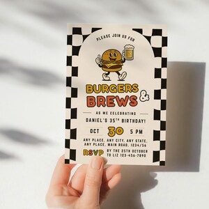 Burgers and Brews Birthday Invitation, Printable Adult Party Invite, Editable BBQ Canva Template
