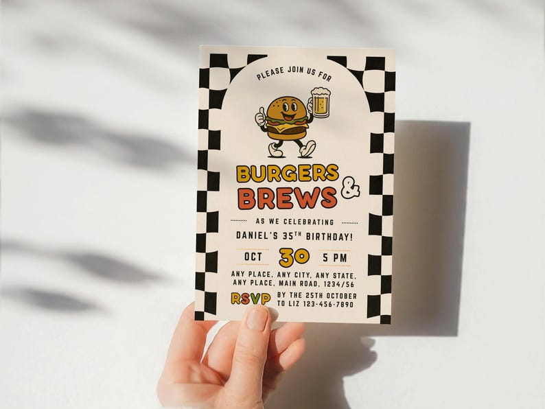 Burgers and Brews Birthday Invitation, Printable Adult Party Invite, Editable BBQ Canva Template