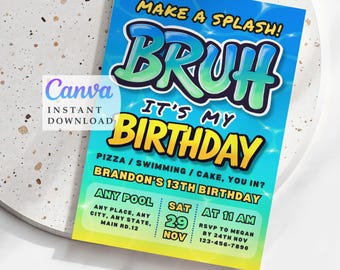 Invitación a fiesta en la piscina: Plantilla editable de Canva (descarga instantánea)