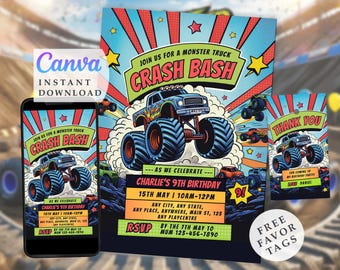 Monster Truck Party Invitation For Boys, Phone Invite and Thank You Tags