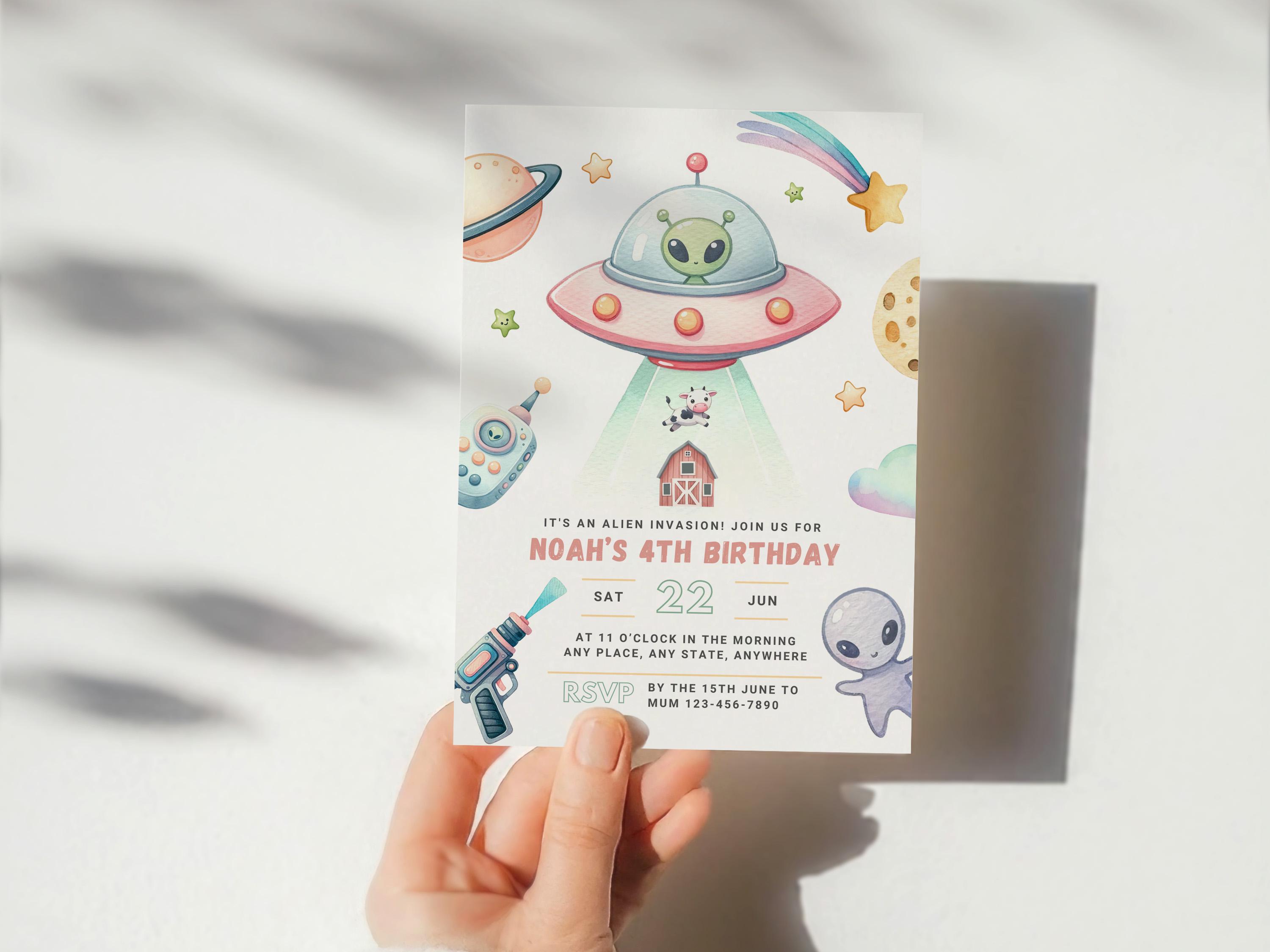 Alien Birthday Party Invitation: UFO Outer Space Canva Template ...