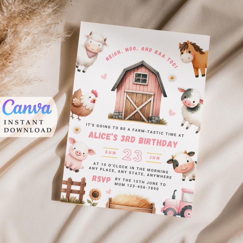 Farm 3rd Birthday Invite Girls Farm Animals Invite Third Birthday Editable Invitation Instant ...