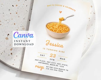 Mac und Käse Geburtstagseinladung - Lustige Food Party Bearbeitbare Canva Vorlage (Digitaler Download)