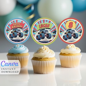 May include: Three round cupcake toppers featuring monster trucks with a red, white, and blue color scheme. The toppers say "Happy Birthday", "Lucas", and "8".
