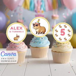 Capybara Birthday Printable Cupcake Toppers Capybara Theme Party Girl 3Rd Birthday Instant download