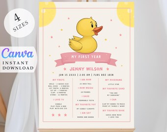 May include: A pink and yellow printable baby milestone chart with a cartoon duck illustration. The chart includes sections for "My Firsts", "I Am Now", "My Nickname", "My Favorite Song", "I Can", and "My Favorite Book". The chart is titled "My First Year" and includes the name "Jenny Wilson" and the date "Jun 15 2XXX".
