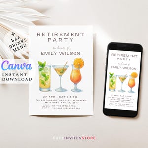 Retirement Women drinks party celebration invite retirement invites Editable invitation Instant download