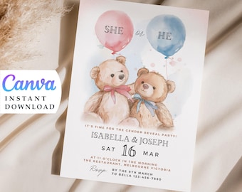 Uitnodiging genderonthulling beer: hij of zij babyshower (canvasjabloon)