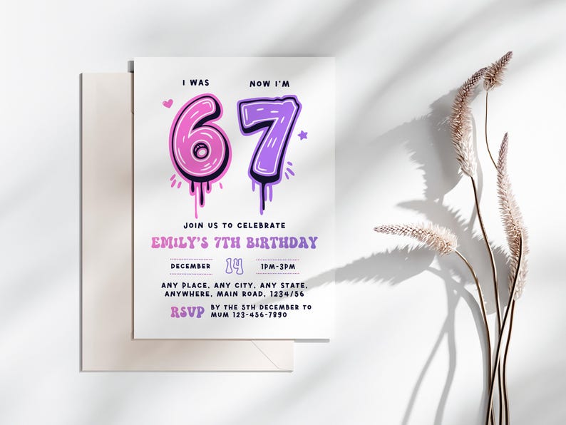 6 7 invitation Girl Birthday Invite Editable Template (Digital Download)