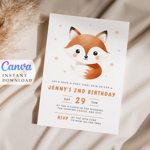 Invito per la seconda festa di compleanno di Baby Fox Invito di volpe carina Invito di animali del bosco a due animali selvatici Invito di compleanno Download immediato