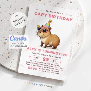 Capybara Birthday Invitation Template: Kids Party Invite (Digital Download, 5x7 inch & Phone Size)
