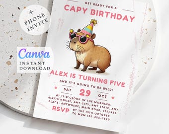 Capybara Birthday Invitation Template: Kids Party Invite (Digital Download, 5x7 inch & Phone Size)